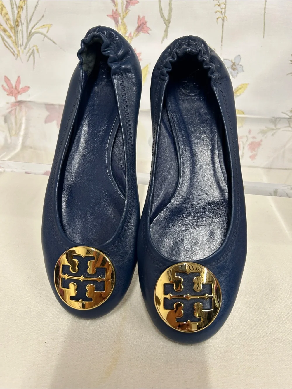Tory Burch Navy Leather Ballet Flats with Gold Logo Medallions